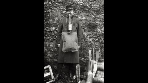 A soldier demonstrates an ungainly French gas mask. "French masks were notoriously unreliable,"<a href="http://www.ncbi.nlm.nih.gov/pmc/articles/PMC2376985/" target="_blank" target="_blank"> wrote</a> historian Gerald Fitzgerald.  