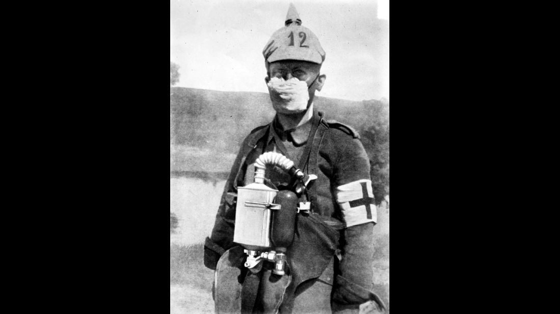 A German soldier wears a more rudimentary gas mask in 1915. Although the Germans were first to deploy chemical weapons in the war, both sides were soon routinely using chlorine and other gases in battle.