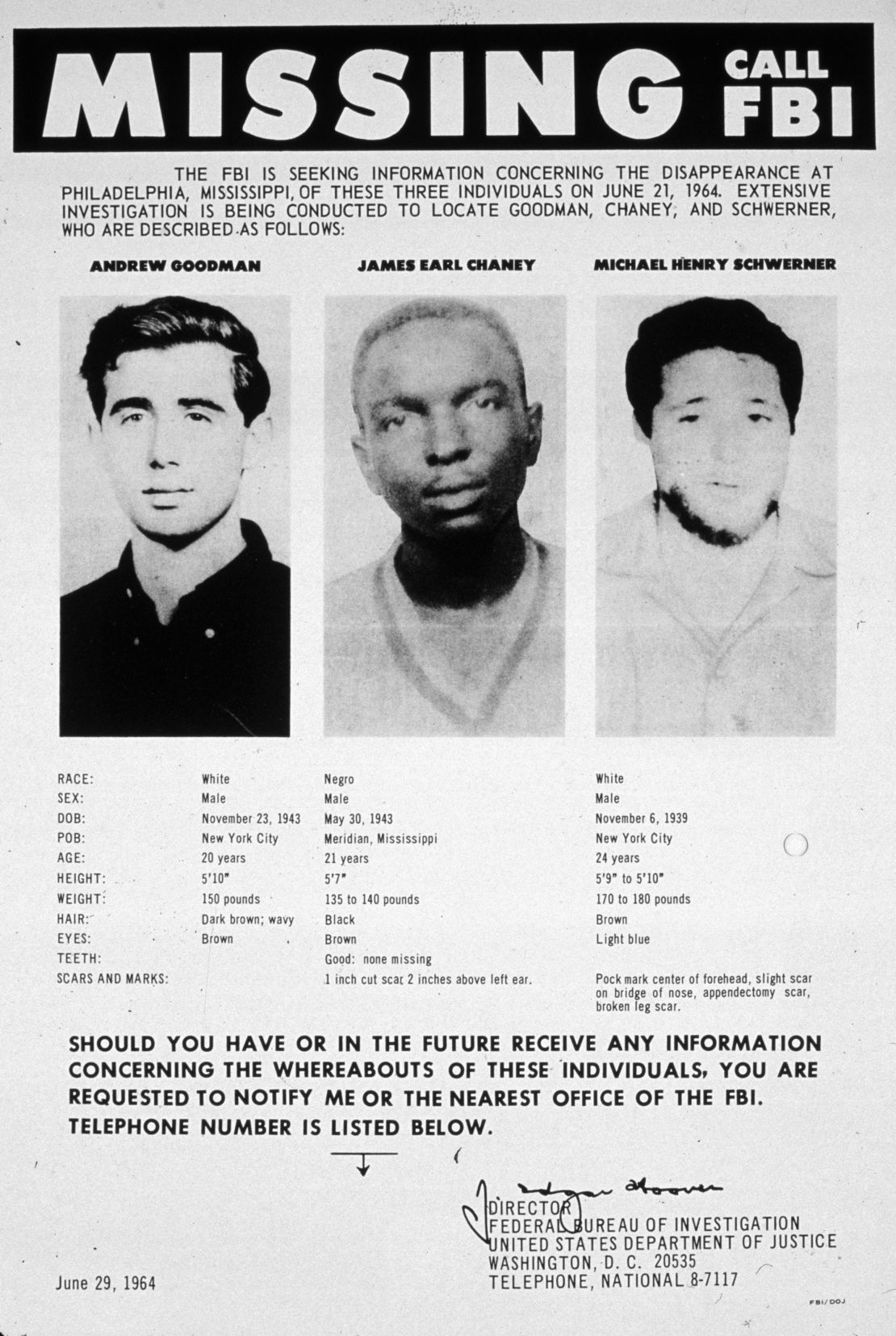 An FBI flyer for missing civil rights students Andrew Goodman, James Chaney and Michael Schwerner.