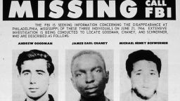 The 1964 FBI bulletin for the missing civil rights students Andrew Goodman, James Chaney and Michael Schwerner.