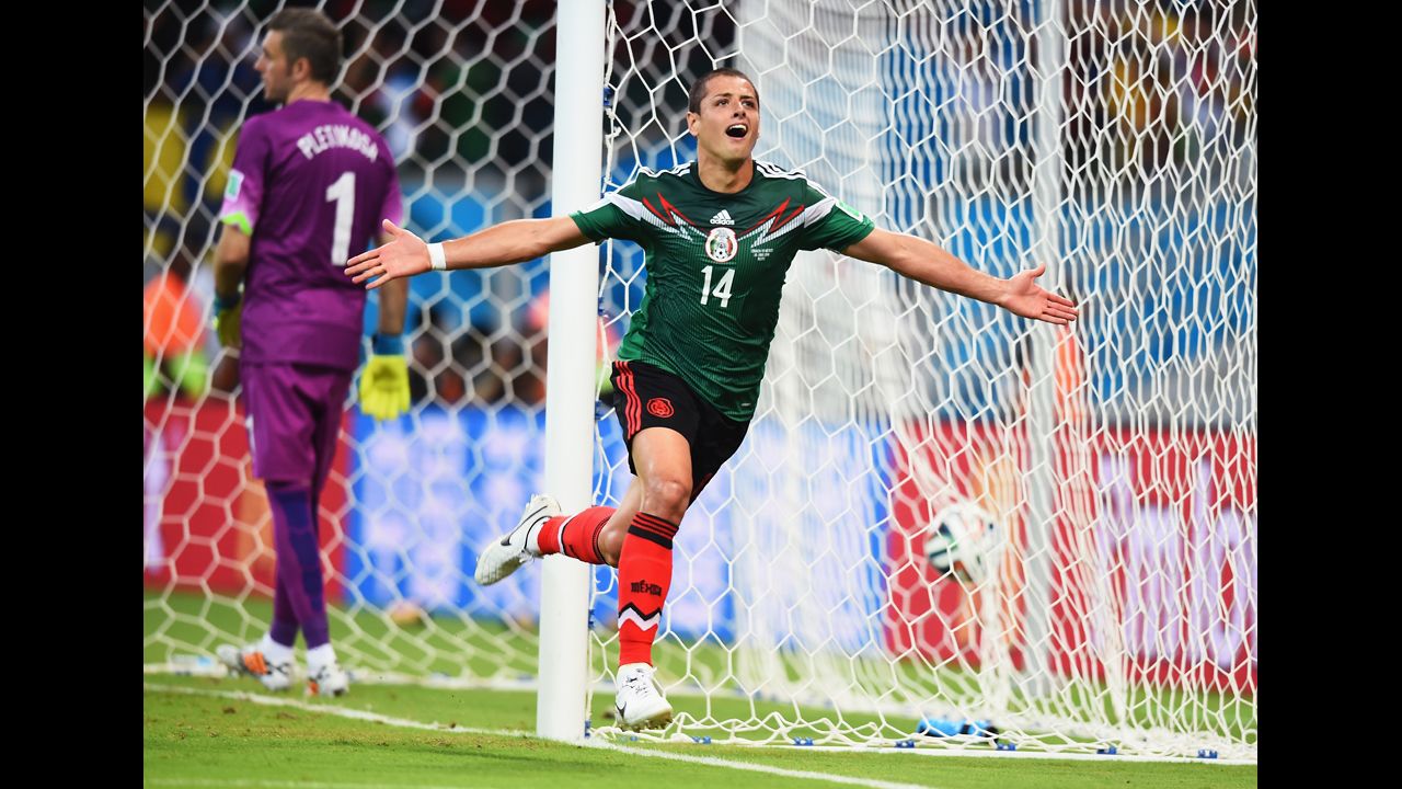 Javier Hernandez of Mexico celebrates scoring his team's third goal.