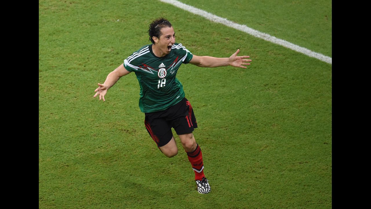 Defender Andres Guardado of Mexico celebrates scoring his team's second goal.