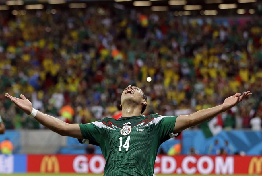 Mexico's Javier Hernandez celebrates after scoring his team's third goal against Croatia.