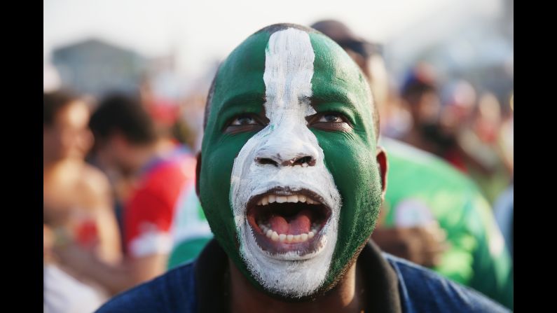 A Nigeria supporter watches his team play against Iran on June 16.  It ended 0-0.