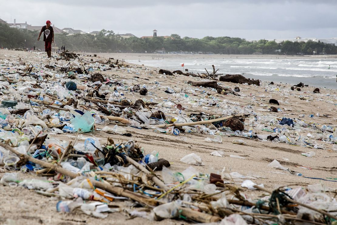 Single-use plastic has become synonymous with polluted beaches like this one in Indonesia.