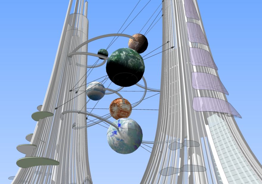 Three of the spheres in between the towers will serve as celestial-themed restaurants. There are also plans for a giant, wind-powered kaleidoscope.