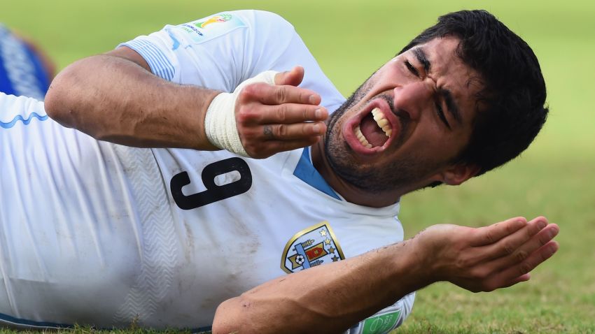 Luis Suarez of Uruguay reacts during the 2014 FIFA World Cup Brazil Group D match between Italy and Uruguay at Estadio das Dunas on June 24, 2014 in Natal, Brazil.