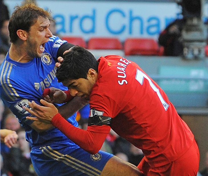 Luis Suarez received a ten-match ban for biting Chelsea's Branislav Ivanovic in 2013.