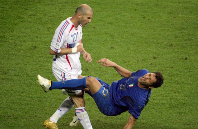 In one of the World Cup's most enduring images, Zizou resigns himself to an early bath after headbutting Marco Materazzi in the 2006 final.