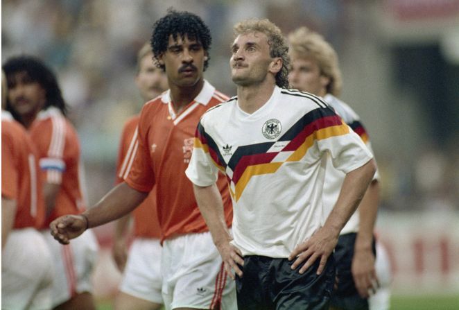 A hair-raising moment in the 1990 World Cup when Frank Rijkaard (L) twice spat in German Rudi Voller's hair. Both men were sent off in a bubbling encounter fueled by a historically fierce rivalry between the Netherlands and West Germany.