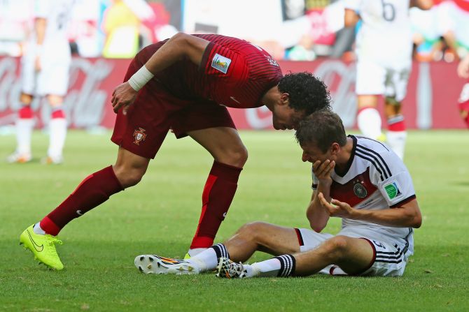 Suarez is not the first player to behave badly at Brazil 2014. Portugal's Pepe literally sees red when he headbutts Germany's Thomas Mueller in a Group G match.