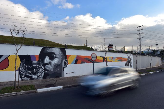 No country has won more World Cups than Brazil.<br /><br />In this image, Pele, a World Cup winner on three of those five occasions, appears on a Sao Paulo wall in possession of the Jules Rimet trophy -- the original prize for winning the World Cup. 