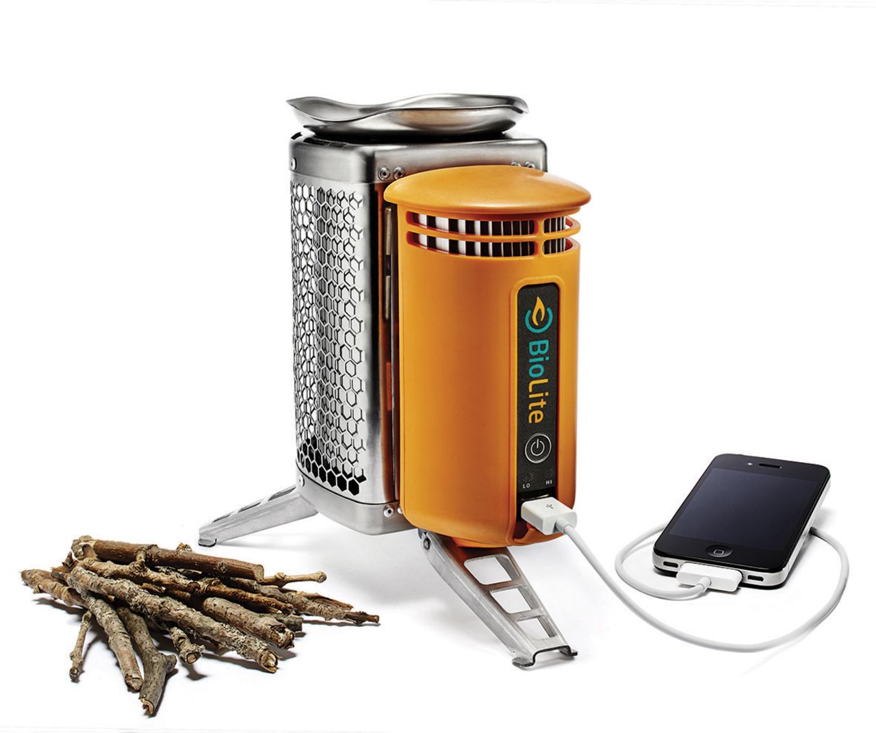 By burning a few sticks, the BioLite CampStove generates enough electricity to charge multiple electronic devices while cooking your beans.