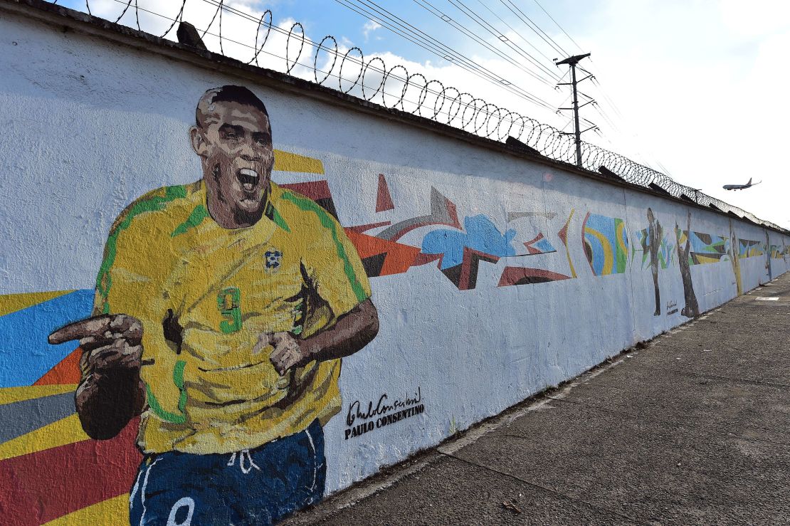 Graffiti depicting Brazilian football star Ronaldo, painted by Brazilian street artist Paulo Consentino in celebration of the FIFA 2014 World Cup.
