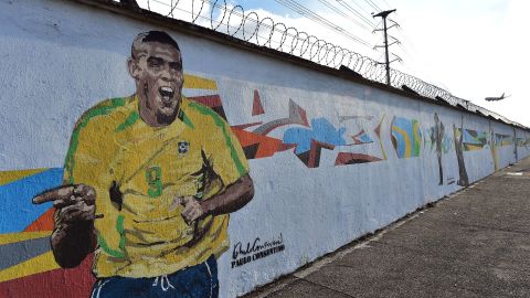 Graffiti depicting Brazilian football star Ronaldo, painted by Brazilian street artist Paulo Consentino in celebration of the FIFA 2014 World Cup.