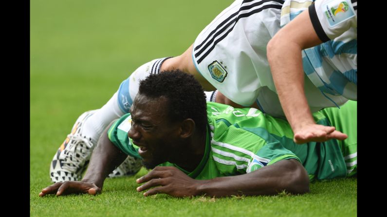 Nigeria midfielder John Obi Mikel falls during a match between Nigeria and Argentina. 