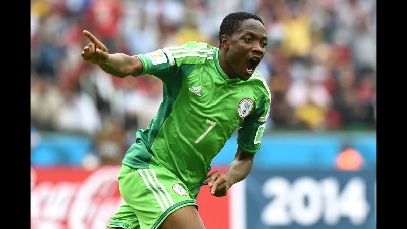 Nigeria's forward Ahmed Musa celebrates scoring his second goal. 