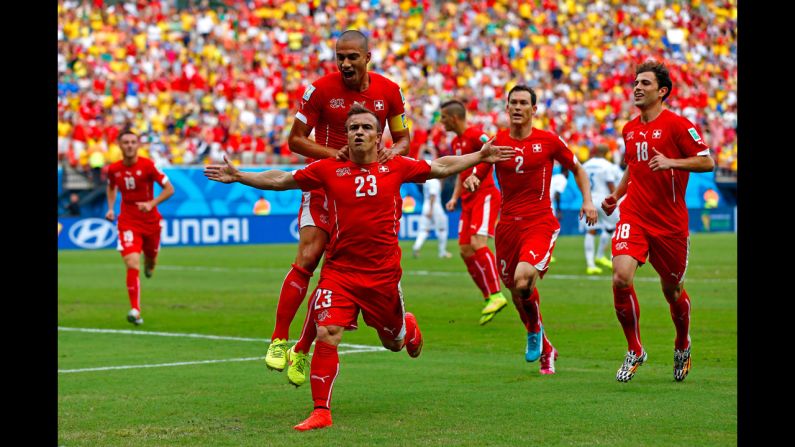 Shaqiri celebrates scoring his team's first goal against Honduras.