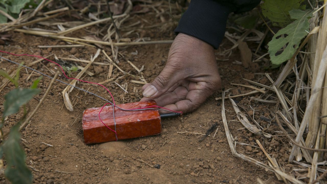 A member of the UXO Lao clearance team gets ready to detonate munitions found after a day of work in the Lateuang village. The government-run organization has been clearing land mines in Laos since 1996.