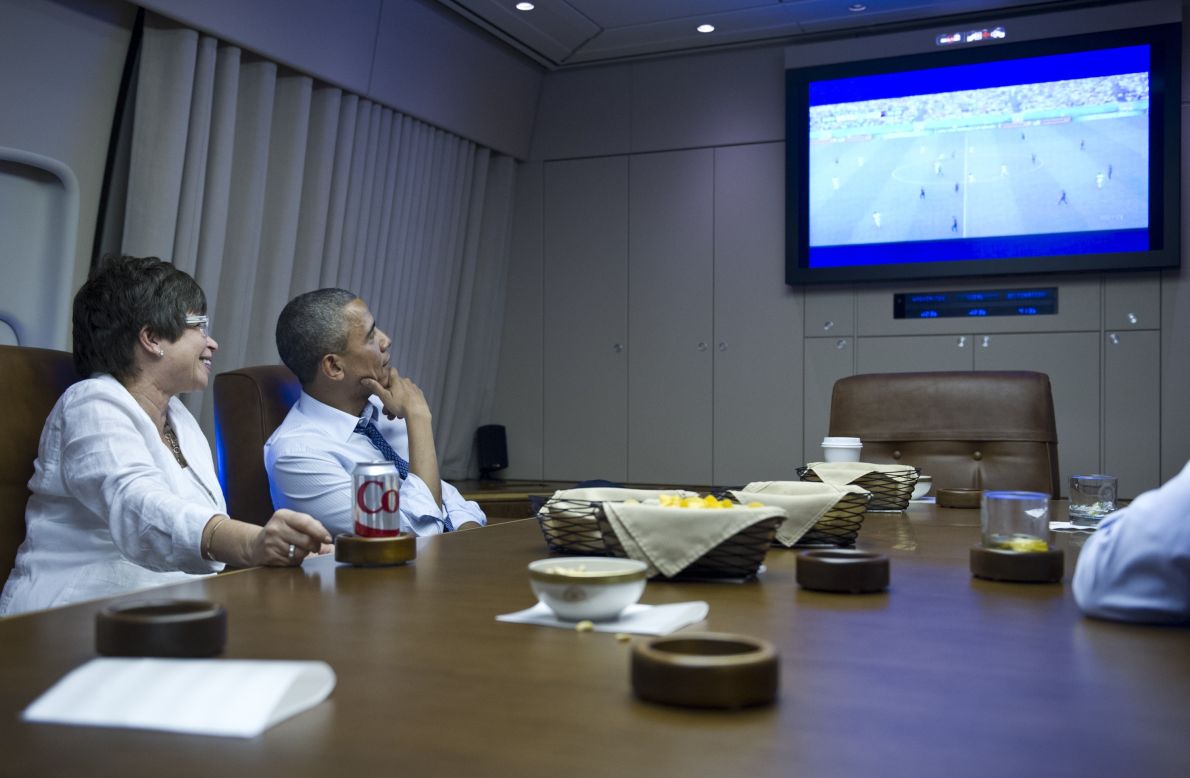 U.S. President Barack Obama and senior adviser Valerie Jarrett watch the Germany match while en route to Minneapolis.