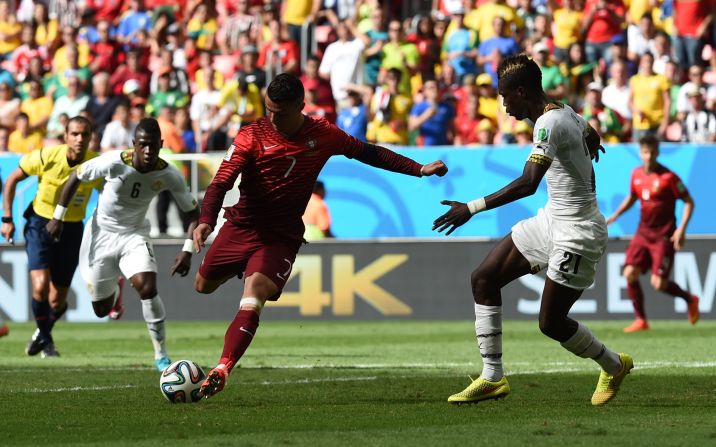 Portugal's forward and captain Cristiano Ronaldo scores during the match against Ghana on Thursday, June 26. Portugal won 2-1. 