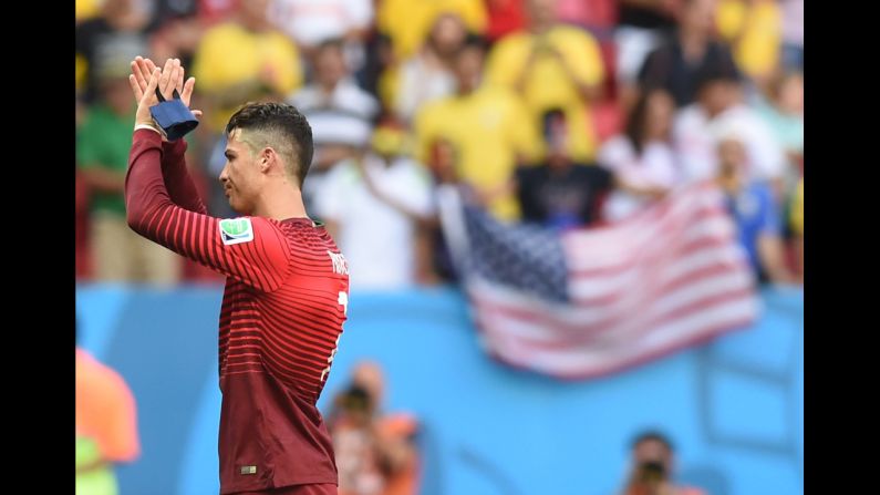 Portugal's Cristiano Ronaldo, the reigning Ballon d'Or winner, shows his appreciation for fans who attended the World Cup match against Ghana on Thursday, June 26. Portugal won the match 2-1 in Brasilia, Brazil, but the result was not enough to stay in the tournament.