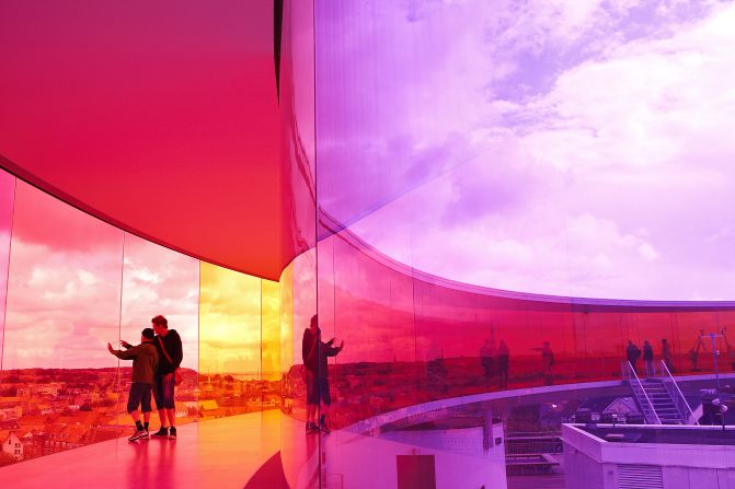 Offering an alternative perspective on Denmark, the 150-meter Your Rainbow Panorama circular walkway perches on top of the ARos Aarhus Art Museum and is made of panels of glass the colors of the rainbow.<br /><a href="index.php?page=&url=http%3A%2F%2Fen.aros.dk%2F" target="_blank" target="_blank"><em>ARoS Aarhus Art Museum</em></a><em>, Aros Allé 2, 8000 Aarhus, Denmark; +45 8730 6600</em>