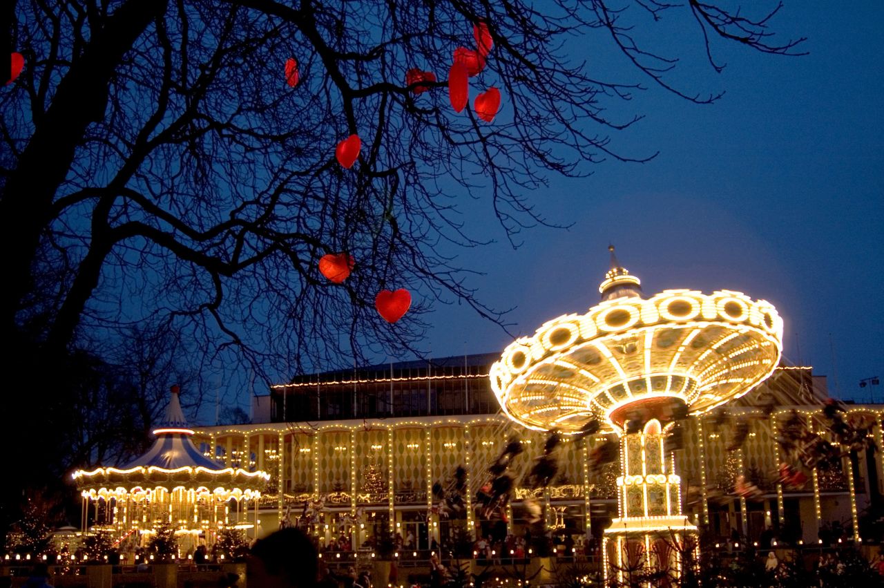 Tivoli Gardens in Copenhagen, Denmark, features all sorts of amusements and entertainments.  