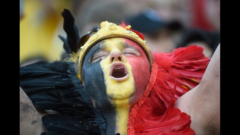 A Belgian fan reacts before a match between South Korea and Belgium.