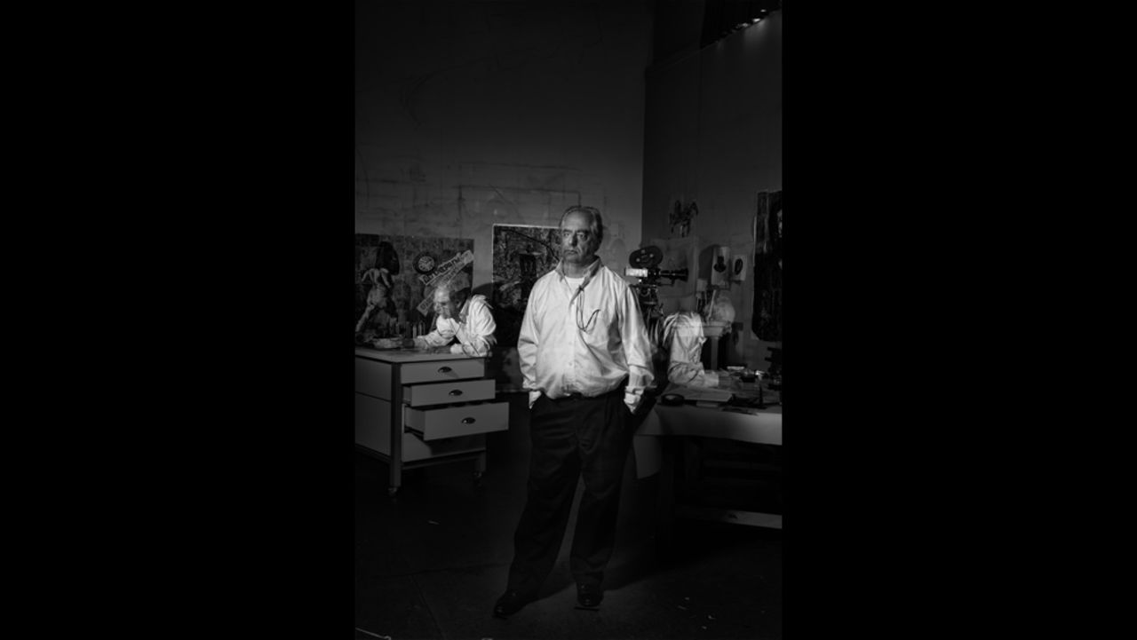 <strong>William Kentridge</strong><br /><br />"This was technically one of the most difficult portraits in the collection. It's one exposure and we flashed him moving about the room to get that exposure absolutely correct. But even though it was technically difficult, Kentridge himself was so enthused with the whole thing," the project's principal photographer says.<br /><br />Steirn reveals that during the photo shoot, Kentridge -- <a href="http://edition.cnn.com/2010/WORLD/africa/07/27/william.kentridge/" target="_blank">one of South Africa's best-known artists</a> -- completely fell in love with the technical process of constructing the shoot. <br /><br />"The narrative behind the portrait was his multimedia and him being so much a part of his work. It took 15 to 20 minutes to get right. We had producers counting him around the room, getting the times right," expounds Steirn. 