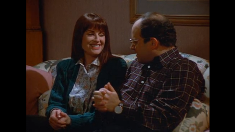 Megan Mullally actually appeared in the same debut episode as Teri Hatcher, titled "The Implant," playing George's girlfriend Betsy. In the episode, Betsy's aunt dies and George flies to the funeral, buying an expensive plane ticket (which he hopes to later get discounted). But it all goes wrong when Betsy's brother catches George double-dipping a chip ("I mean, you might as well put your whole mouth in the dip") and Betsy breaks up with George. To make matters worse, George can't get a discount on his flight because he can't give a death certificate to the airline. Four years later, TV viewers embraced Mullally as Karen Walker in "Will & Grace."
