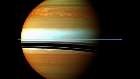5. Studies of the great northern storm of 2010-2011.  In 2010 Cassini got a front-row seat to a massive storm that disrupted Saturn's relatively tranquil atmosphere. The largest temperature increases recorded for any planet were measured. Molecules never before seen in Saturn's upper atmosphere were detected. The storm diminished shortly after its head collided with its tail, a little less than a year after it began.  Saturn's rings are seen as the thin blue line in this image, due to the filters  used to show methane absorption.  The rings are outside the atmosphere, and therefore  are not affected by methane absorption. 