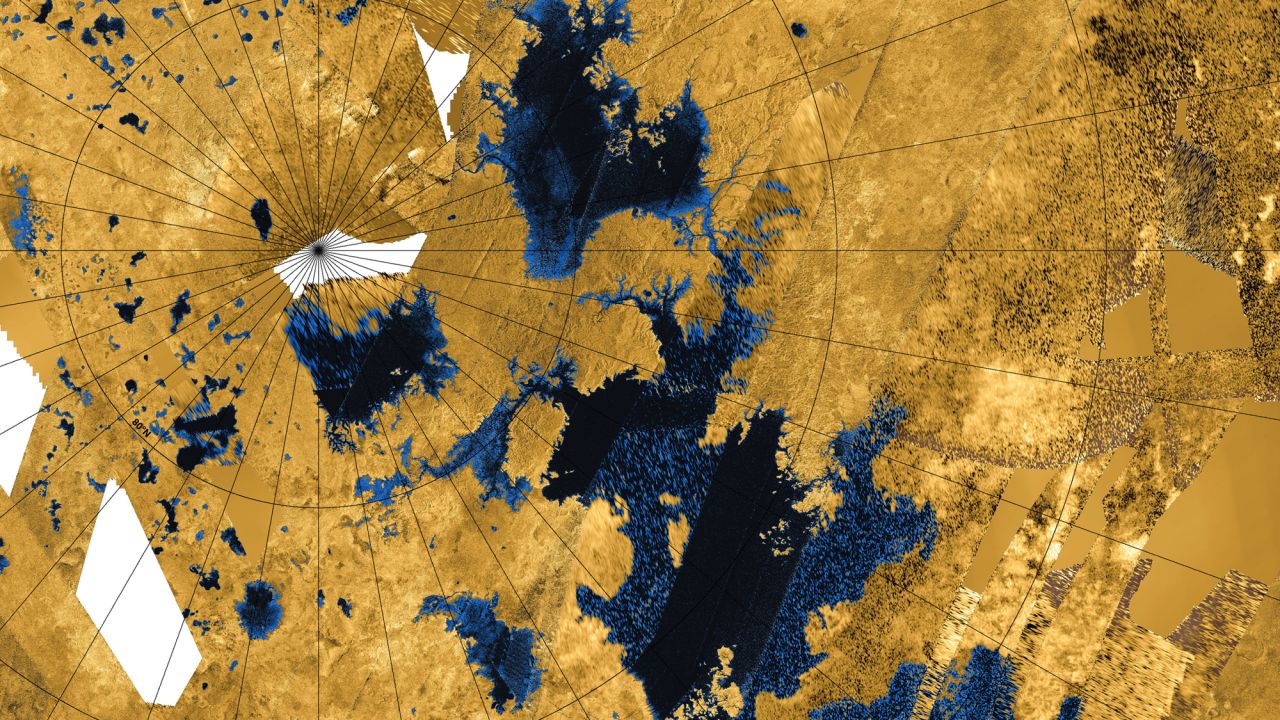 8. Study of prebiotic chemistry on Titan. Titan's atmosphere is the most chemically complex in the solar system. Here, bodies of liquid near Titan's north pole can be seen.