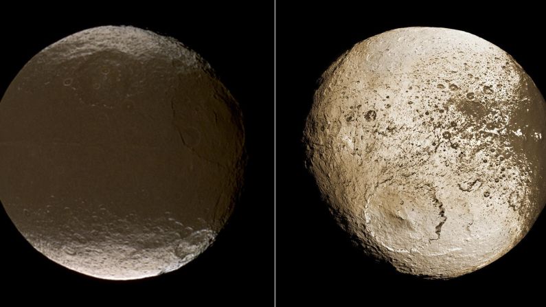 9. Mystery of the dual bright-dark surface of the moon Iapetus solved.  The origin of Iapetus' two-faced surface has been a mystery for more than 300 years. The Cassini spacecraft solved the puzzle, showing that dark, reddish dust in Iapetus' orbital path is swept up and lands on the leading face of the moon. 