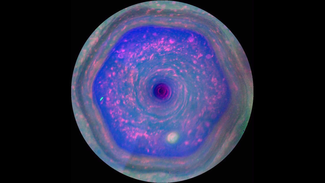 10. First complete view of the north polar hexagon and discovery of giant hurricanes at both of Saturn's poles. Saturn's polar regions have surprised scientists with the presence of a long-lived hexagonal-shaped jet stream in the north and hurricane-like storms at both poles. The driving forces of each remain a mystery.