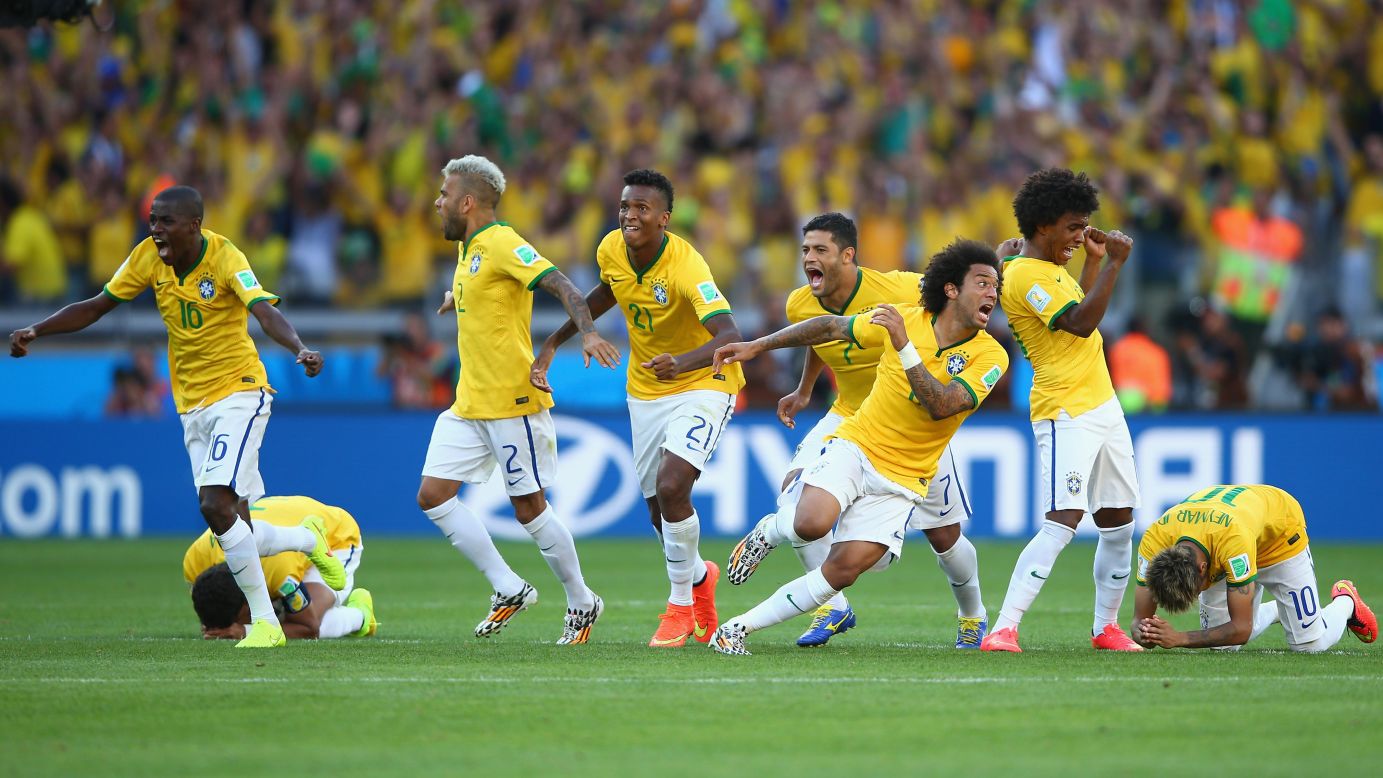 The Brazilian team celebrates after defeating Chile in a penalty shootout in Belo Horizonte, Brazil, on June 28. Regular and extra time ended with a score of 1-1, moving the game to a penalty shootout in which Brazil won 3-2.