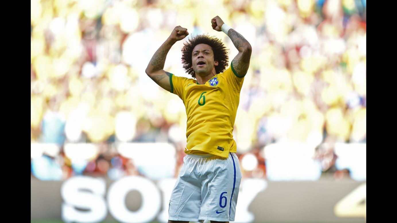 Marcelo of Brazil celebrates after scoring during the penalty shootout.