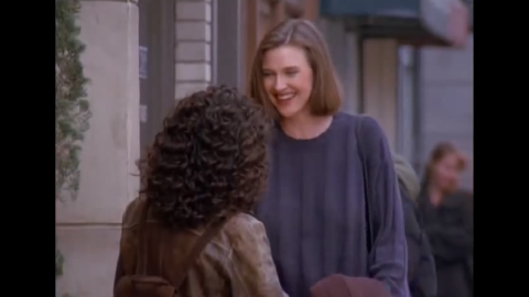 Brenda Strong appears in several episodes throughout the series as Elaine's archnemesis since high school. Strong plays Sue Ellen Mischke, who never wears a bra. Elaine is so obsessed that Sue Ellen doesn't wear a bra that she gives her one as a gift, which Sue Ellen then wears down the street as a shirt, which causes Kramer to crash Jerry's car because they're so distracted watching her. Seven years later, Strong played the character that drove the entire plot line of "Desperate Housewives," Mary Alice Young.