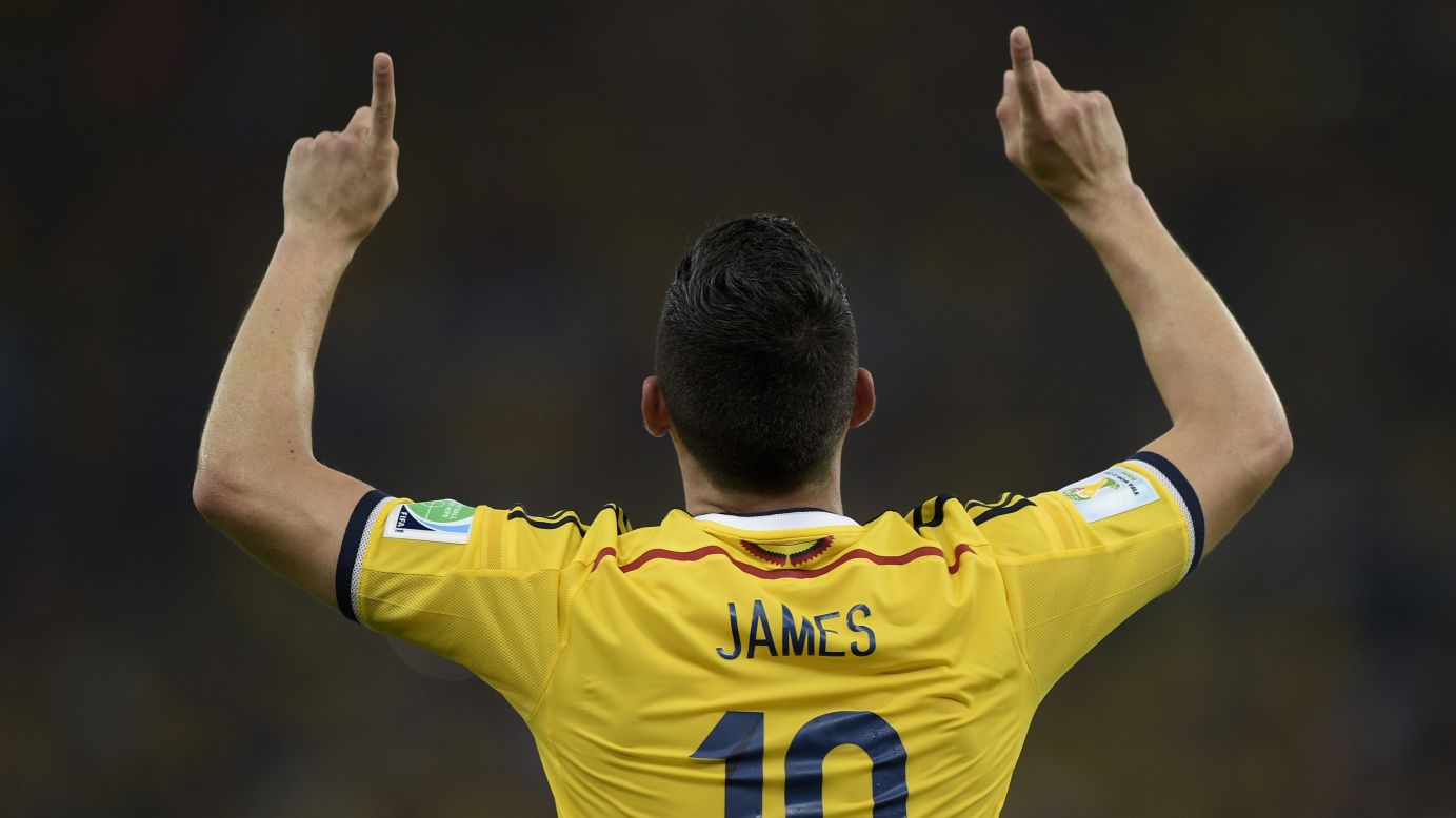 Colombia's James Rodriguez celebrates after scoring against Uruguay.