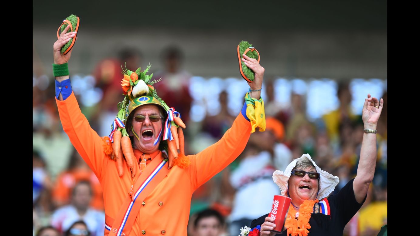 Fans of the Netherlands cheer at Castelao Stadium in Fortaleza, Brazil, before the game.