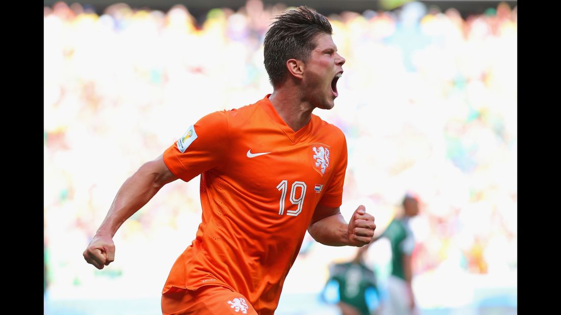 Klaas-Jan Huntelaar of the Netherlands celebrates scoring his team's second goal on a penalty kick near the end of the game against Mexico in Fortaleza, Brazil.