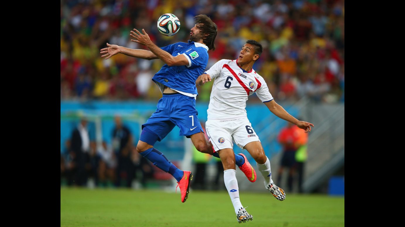 Georgios Samaras of Greece controls the ball against Oscar Duarte of Costa Rica.