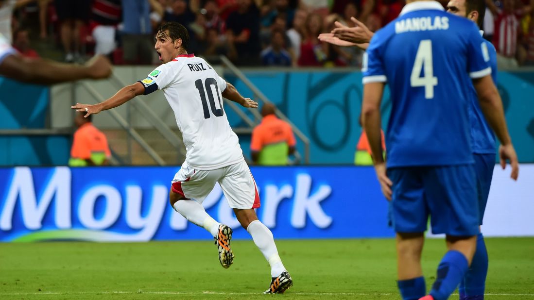 Costa Rica's captain, Bryan Ruiz, celebrates after scoring a goal.
