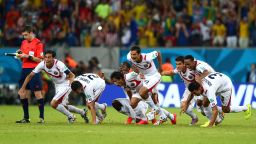 The Costa Rican national team celebrates after defeating Greece in a penalty shootout during a World Cup game in Recife, Brazil, on Sunday, June 29.