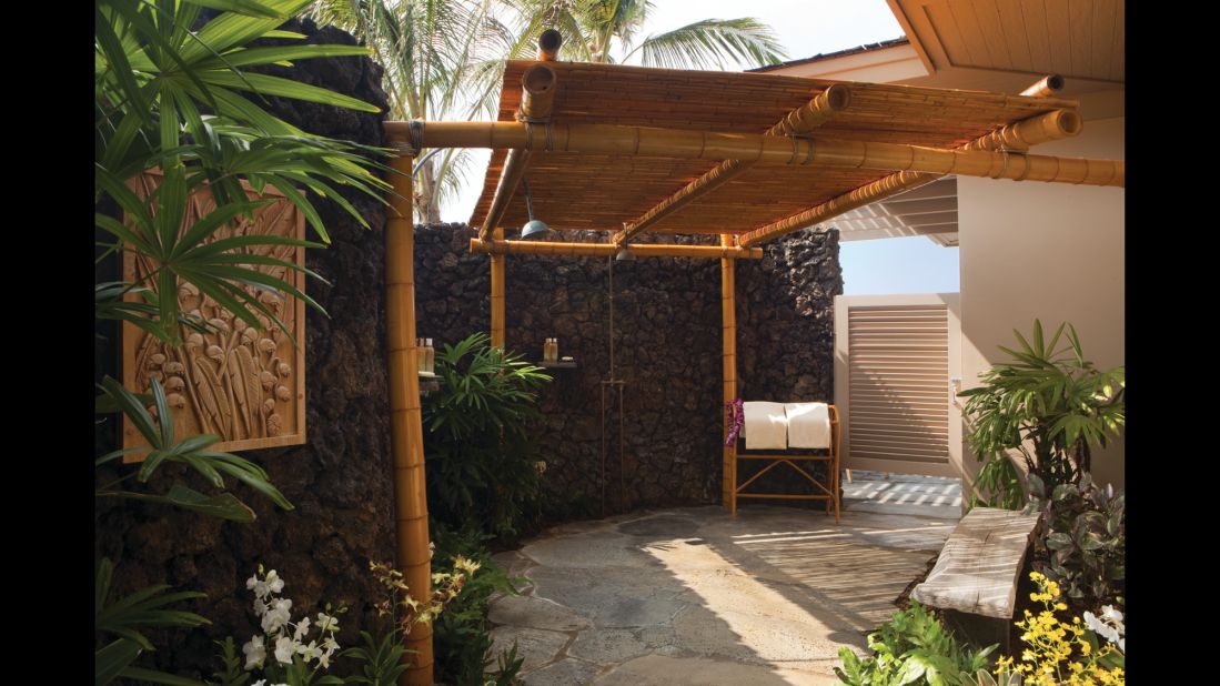 This Four Seasons Resort Hualalai on Hawaii's Big Island features outdoor showers for guests in its first-floor rooms in the two-story bungalows.  