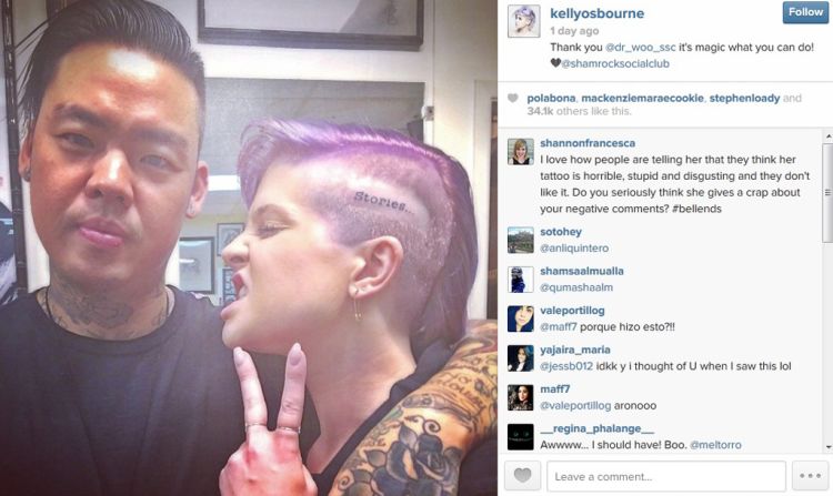 The only reaction we have to Kelly Osbourne's tattoo is "ouch." The E! personality revealed her ink online in June 2014, thanking her tattoo artist for inscribing the word "stories" on the side of her head. "Sorry mum and dad," <a href="https://twitter.com/KellyOsbourne/status/483135551608872960" target="_blank" target="_blank">she shared on Twitter</a>, "but I love it!"