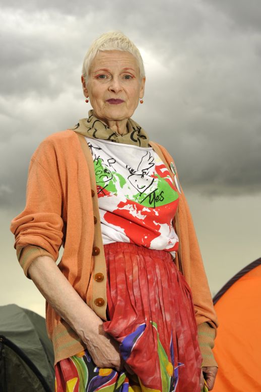 Keeping up the national tradition of abject defiance in the face of unpleasant weather, doyen of British fashion Vivienne Westwood showed little regard to the menacing clouds overhead.  Known for her striking statement designs, Westwood was at the Greenpeace field to raise awareness about the risks of fracking in a hand-made t-shirt bearing a bold statement of a different kind:<br />"We're rushing to the point where we have irreversible climate change...my t-shirt shows what would happen if temperatures rose by five degrees - you draw a line parallel with Paris and everything beneath that in red in uninhabitable," she said, speaking exclusively to CNN.