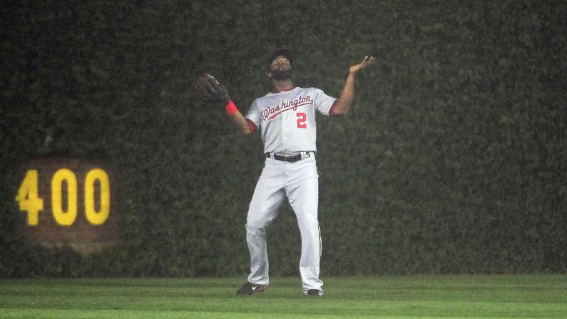 Washington Nationals outfielder Denard Span loses the ball in the fog while playing at Chicago's Wrigley Field on Thursday, June 26. Wrigley Field is about a mile from Lake Michigan.