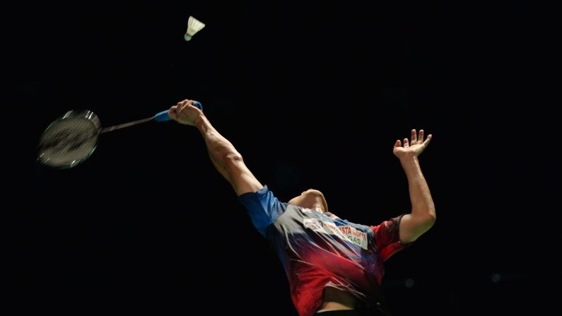 Simon Santoso hits a return to Lin Dan in the men's final of the Australian Badminton Open on Sunday, June 29. Lin, a two-time Olympic champion from China, won the match in Sydney.