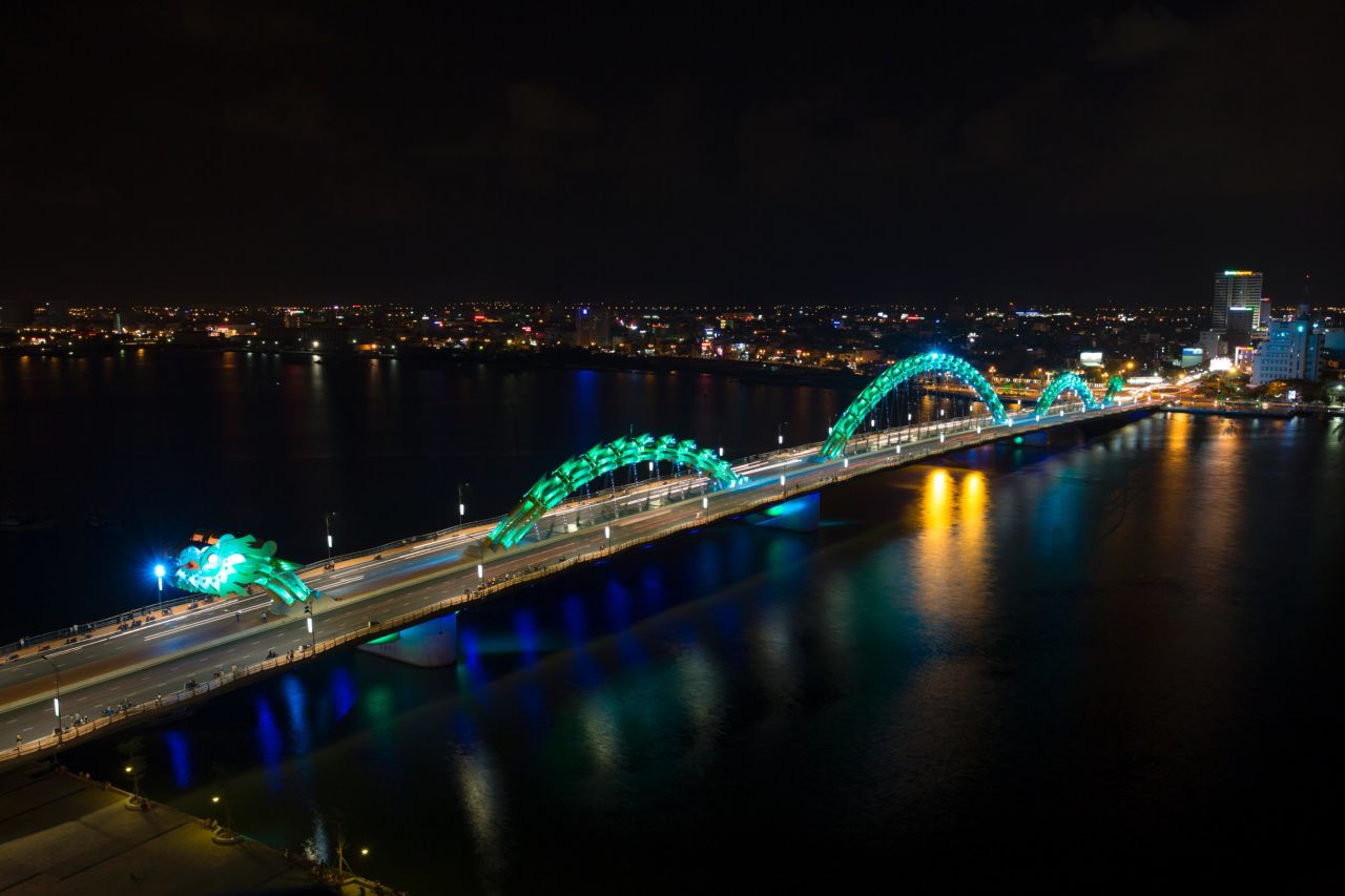 The bridge is lit with thousands of dynamic LEDs at night.